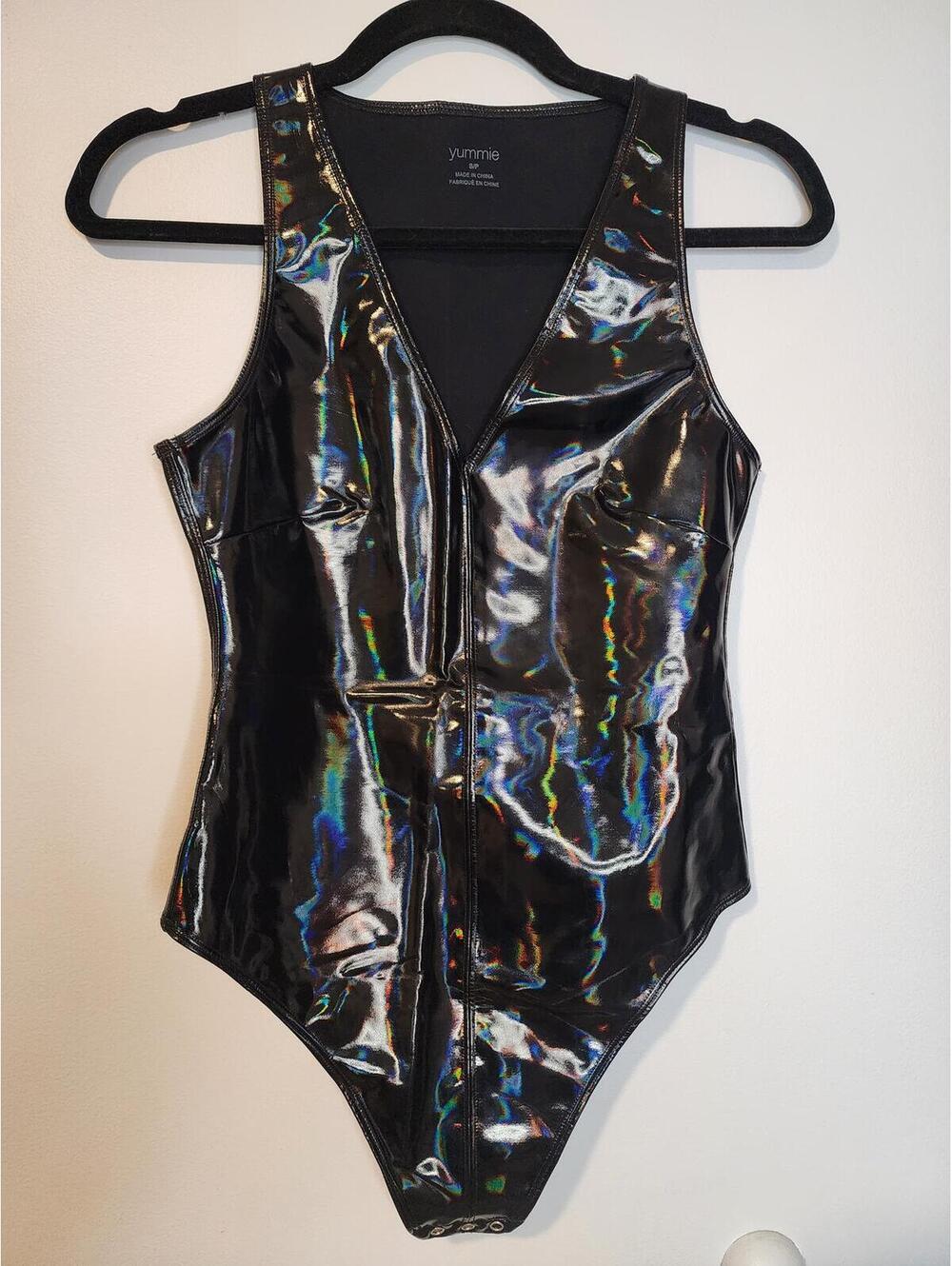 Faux Leather Body Suit Iridescent Black Size S